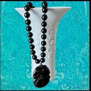 Vintage Chinese Black Onyx Beaded Necklace With Carved Peach Pendant 16” long